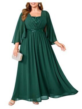Plus Size Sequin Chiffon Maxi Dress Flutter Cape Sleeve Formal Wedding Guest
